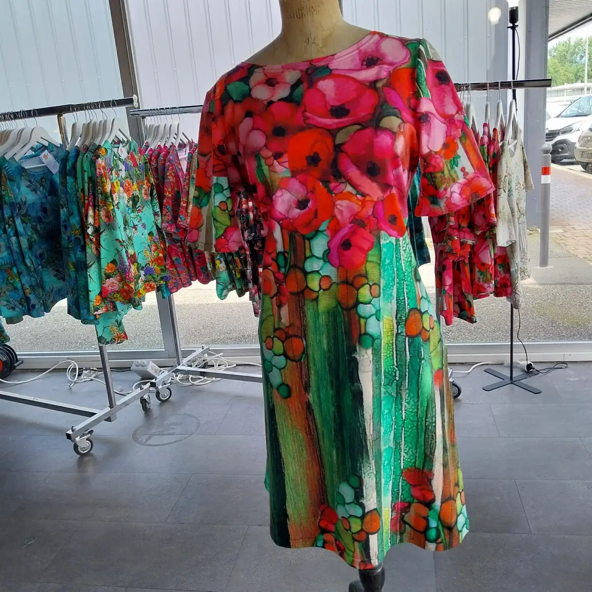 ROBE PAVOT ROSE FUSCHIA ET VERT