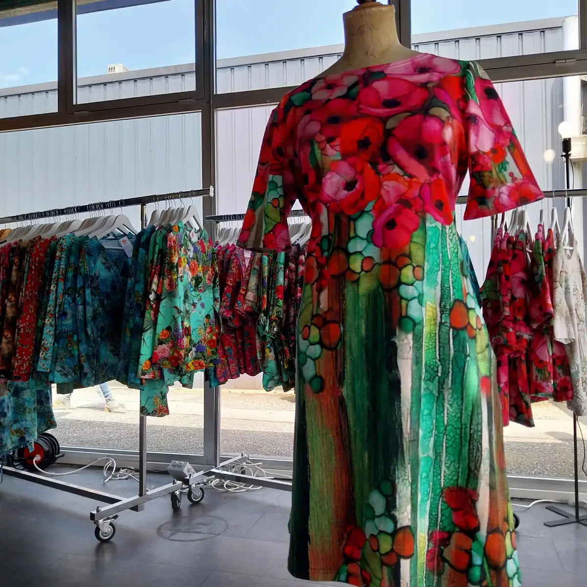 ROBE PAVOT ROSE FUSCHIA ET VERT